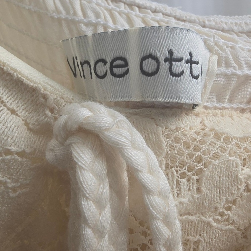 Vince Otto Ivory Lace Crochet Maxi Dress Smocked Back Tassel Tie Hi Low L/XL - Picture 12 of 13
